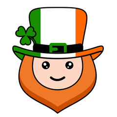 cute Irish beard face with Irish flag hat and clover leaf on white background