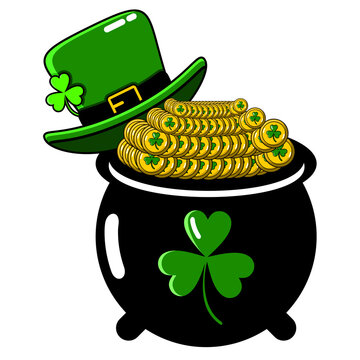 graphic illustration of hat, coin and cauldron design on white background