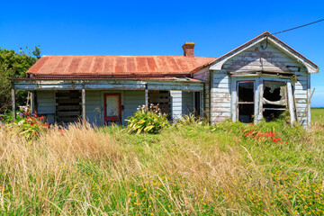 A derelict, abandoned villa-style farmhouse in New Zealand, with colorful flowers still growing in the garden