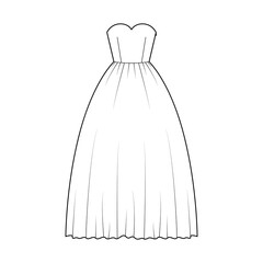 Crinoline dress technical fashion illustration with strapless sweetheart neckline, long floor length, full skirt. Flat apparel template front, white color style. Women, men unisex CAD mockup