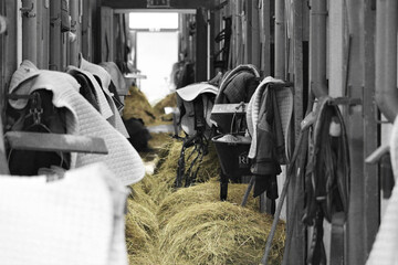 Hay bales and saddles in a stable