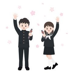 卒業生　学生　中高生　男女　卒業証書　手を振る　イラスト素材