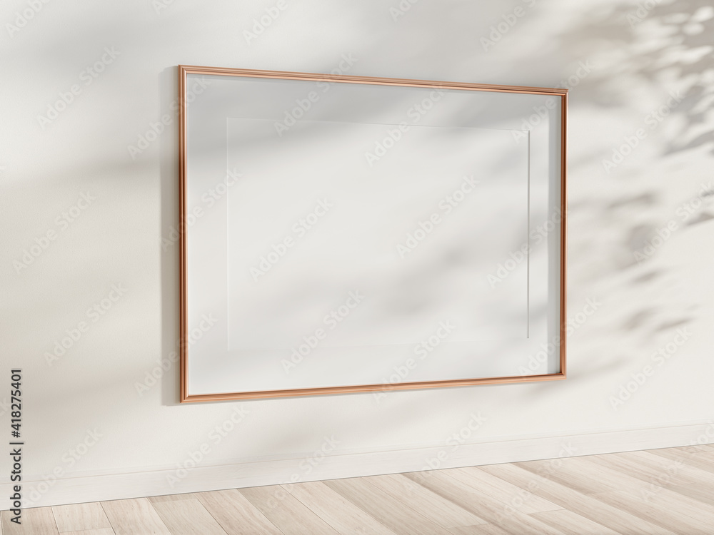 Poster golden frame hanging in bright interior mockup. template of a picture framed on a wall 3d rendering