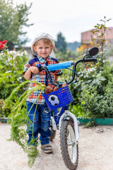 a child rides a bicycle with a basket for transporting vegetables, in which there is a carrot from the garden