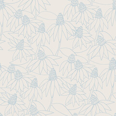 Seamless delicate blue pattern with hand drawn Echinacea flowers for surface design and other design projects