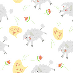 Cute vector seamless pattern with sheep and flowers, baby pattern. Seamless pattern for children's book, clothing