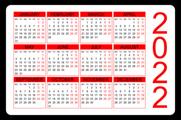 Calendar 2022 yearly. Week starts on Monday. Vector illustration.