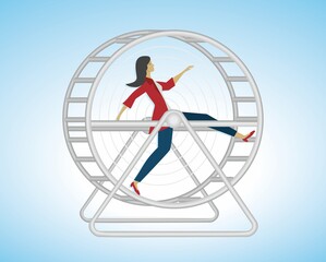 Woman running as fast as she can in a hamster wheel, or also called squirrel wheel. Stress in life. Vector illustration. EPS10.