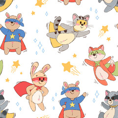 Obraz na płótnie Canvas Seamless pattern with cute animals superheroes. Texture of hand drawn characters: teddy bear, hare, fox, cat, raccoon. Background for children's book, print, poster, wallpaper, textile, fabric.