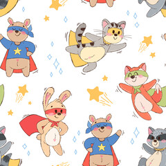 Seamless pattern with cute animals superheroes. Texture of hand drawn characters: teddy bear, hare, fox, cat, raccoon. Background for children's book, print, poster, wallpaper, textile, fabric.