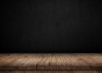 Wooden table on black wall in dark room background for product montage. 3d illustration.