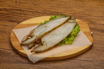 Delicous smoked halibut slices snack