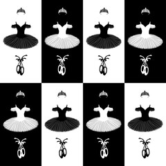 vector seamless pattern with the image of a tutu, pointe shoes and a crown