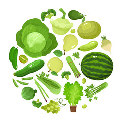 Vector concept of green fruit, vegetables, eat colors for health