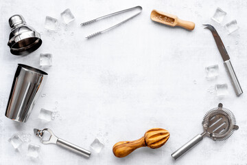 Flat lay of bar tools and utensils for cocktail