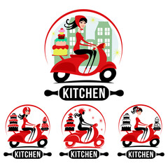 Modern woman on a scooter with a cake. Vector illustration.