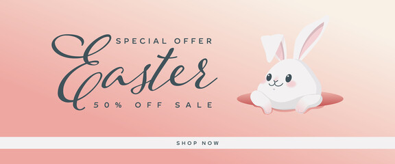 Happy easter with white rabbit and lettering. creative banner design, clearance sale. Bunny. Flyer with a 50% sale. Special offer. Background for an online store.