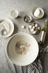 Step by step process of making wholegrain yeast dough for pizza. Ingredients for yeast dough.