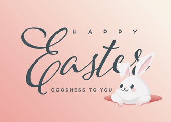 Happy Easter 2021, congratulation postcard. White cute bunny congratulates on Easter.