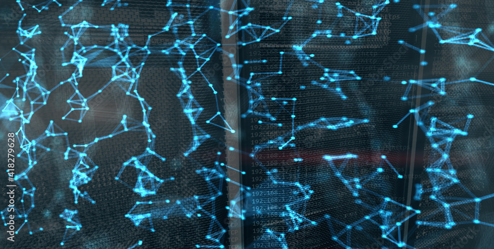 Poster global cyberspace big data futuristic design grid on server room blurred background.