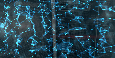 Global Cyberspace Big Data Futuristic Design Grid on Server Room Blurred background.