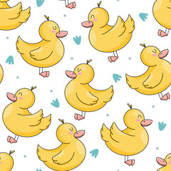 Seamless vector pattern with funny baby duck. Cute cartoon ducky hand drawn texture. Fun background for kids room decor, nursery art, card, print, poster, fabric, textile, wrapping paper, packaging.
