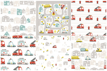 Fototapeta premium Roads and cars. Nurseri set of patterns for baby textiles, fabrics or packaging. Vector seamless backgrounds with simple hand drawn doodle illustrations in cute cartoon scandinavian style