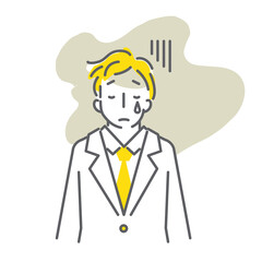 ストレスに悩まされる若い男性会社員のシンプルな線画イラスト