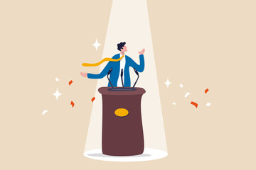 Public speaking skill, confident, charisma, hand gesture, voice and expression to win the audience concept, confidence businessman speaking in public on stage with podium, microphones, spotlight on.