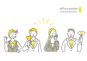 4人のビジネスパーソンのシンプルでスタイリッシュな線画イラストセット　若い男女　中年男性　応援