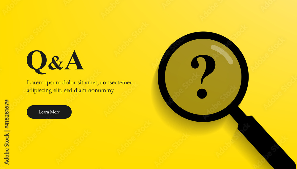 Poster question and answer concept with magnifier and question mark symbol.