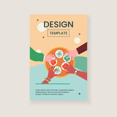 Hands of people taking donuts from circle tray. Dessert, sweet snacks, tasty flat vector illustration. Food, bakery, pastry concept for banner, website design or landing web page