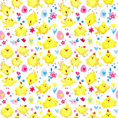 Watercolor Easter seamless pattern with cute yellow Easter chickens on a white background. Holiday background.