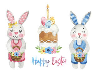  watercolor easter bunnies, hare set happy easter, easter clipart, cupcake, easter eggs