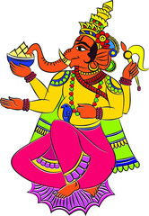 Illustration of Lord Ganpati/Ganesha drawn in Pinguli folk art style of Maharashtra India. for textile printing, logo, wallpaper