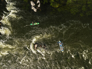 Aerial rocky landscape on Southern Bug River with rapids. Ukraine