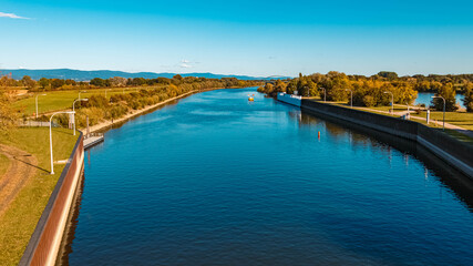 Beautiful autumn or indian summer view at the danube lock near Straubing, Bavaria, Germany