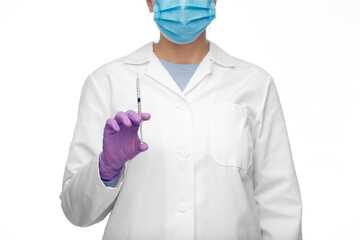 medicine, vaccination and healthcare concept - close up of female doctor or nurse with syringe over white background