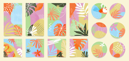 summer Stationary story templates and highlights covers vector set. Social media background design with floral and tropical leaf and colorful textures. Abstract minimal trendy style wallpaper. 
