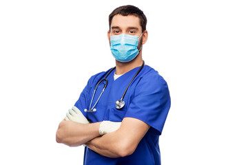 healthcare, profession and medicine concept - doctor or male nurse in blue uniform, face protective medical mask for protection from virus disease and gloves over white background