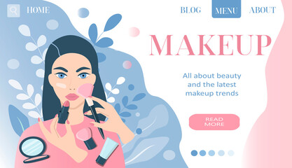 vector illustration on the theme of makeup. face of a young girl and cosmetics, makeup brushes, inscription "makeup". banner for website, flat trendy illustration for magazines and apps