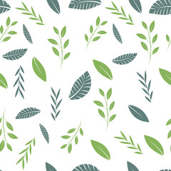 Seamless Pattern with different green branch and leaves on white background. Vector illustration