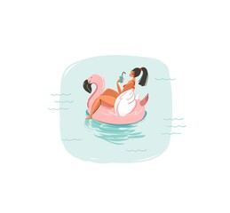 Hand drawn vector abstract cartoon summer time fun illustrations icon with swimming girl on pink flamingo buoy ring float in blue ocean waves isolated on white background