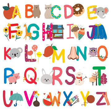 English alphabet with cute cartoon animals, flower, candy, vector illustration set.  capital letter for kids, children font.
