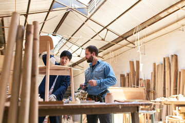 Cabinet maker trainee and trainer build chairs - obrazy, fototapety, plakaty