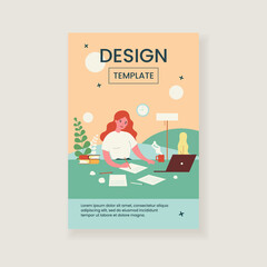 Writing job concept. Female writer writing in papers at her workplace, working at computer at home. Flat vector illustration for creative crisis, journalism, inspiration topics