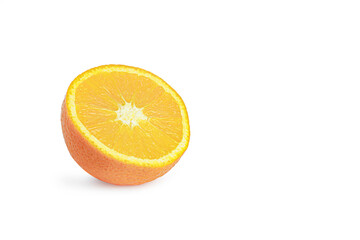 An image isolated view of the citrus fruit, a half circle shape, with a juicy freshness food of the yellow orange pulp inside, is a tropical drink with clipping path.