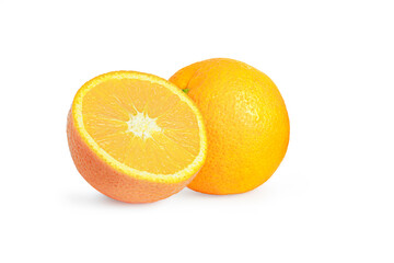Image isolated of orange, half cut fruit and one circle fruit for food, or sweet citrus fruit with clipping path.