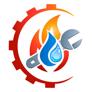 Klempner, Sanit&auml;r - Firmenlogo / Icon - Feuer, Wasser, Rollgabelschl&uuml;ssel, Zahnrad