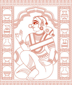 women from royal families drawn in Madhubani Kalamkari style for textile printing, India. It can be used for a coloring book, textile/ fabric prints, phone case, greeting card. logo, calendar